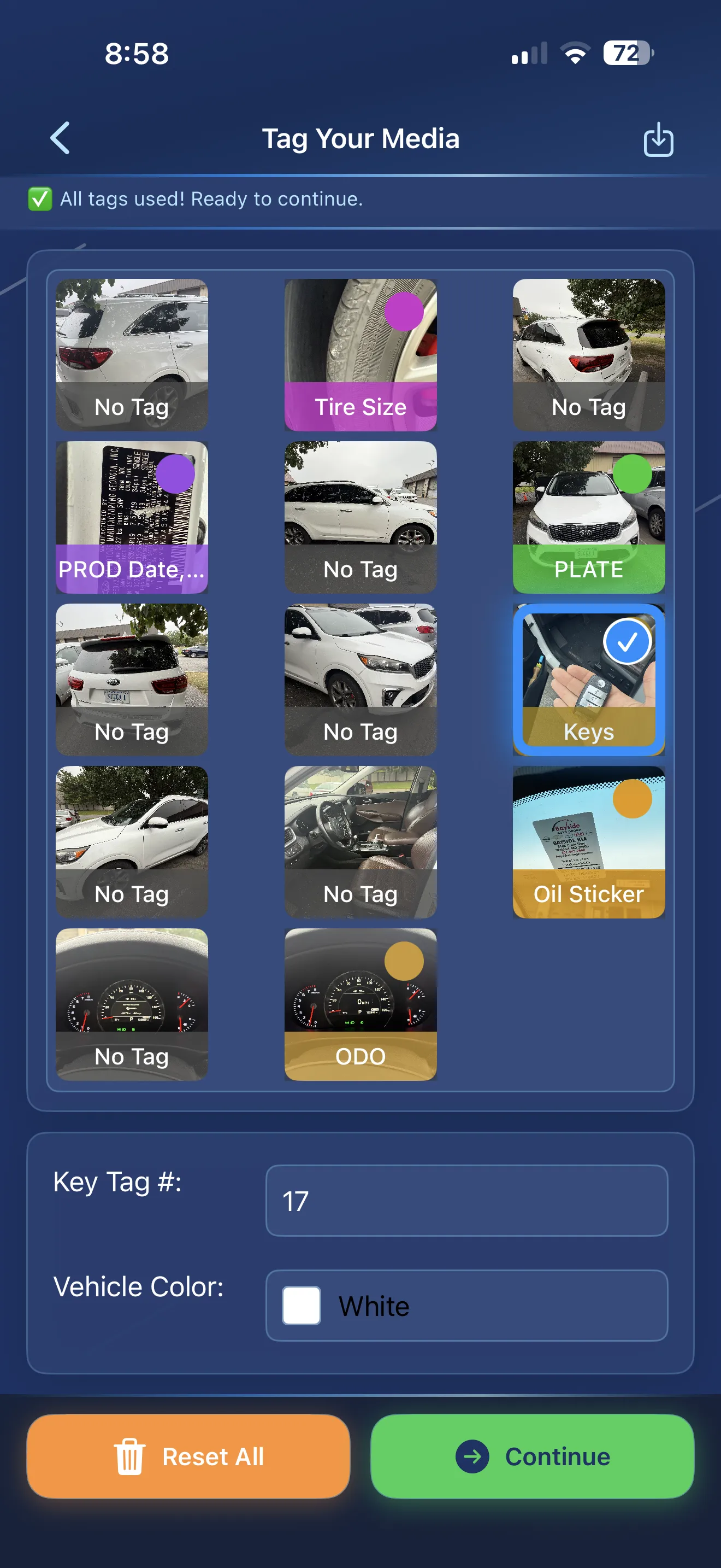 tekDrive check-in — photos of the vehicle tagged to a repair order